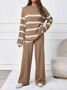 SHEIN Tall Women's Striped Drop Shoulder Sweater Two Piece Set - Camel - View 6