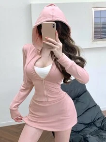 DAZY 女士休闲纯色拉链连帽衫和A字裙两件套，春秋季女士家居服套装 - 粉色 - 查看 6