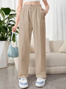青少年女孩编织抽绳腰宽松直腿休闲裤 - 卡其色 - 查看 6