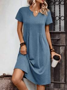 EMERY ROSE Đầm tay ngắn cổ chữ V buộc túi màu trơn - Màu xanh lam - Xem 5