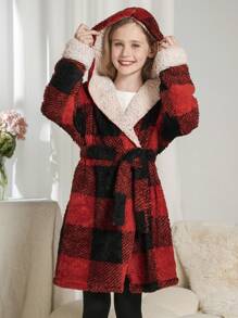 SHEIN Meisjes Casual Warm 2024 Kerstmis & Nieuwjaar Plaid Fleece Capuchonjack voor Tween