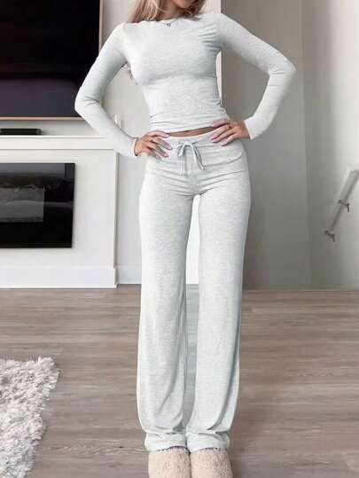 Women's Two Pieces Fall Women Clothes Y2K Sporty Casual Home Solid Color Fitted Long-Sleeved T-Shirt And Long Pants Set