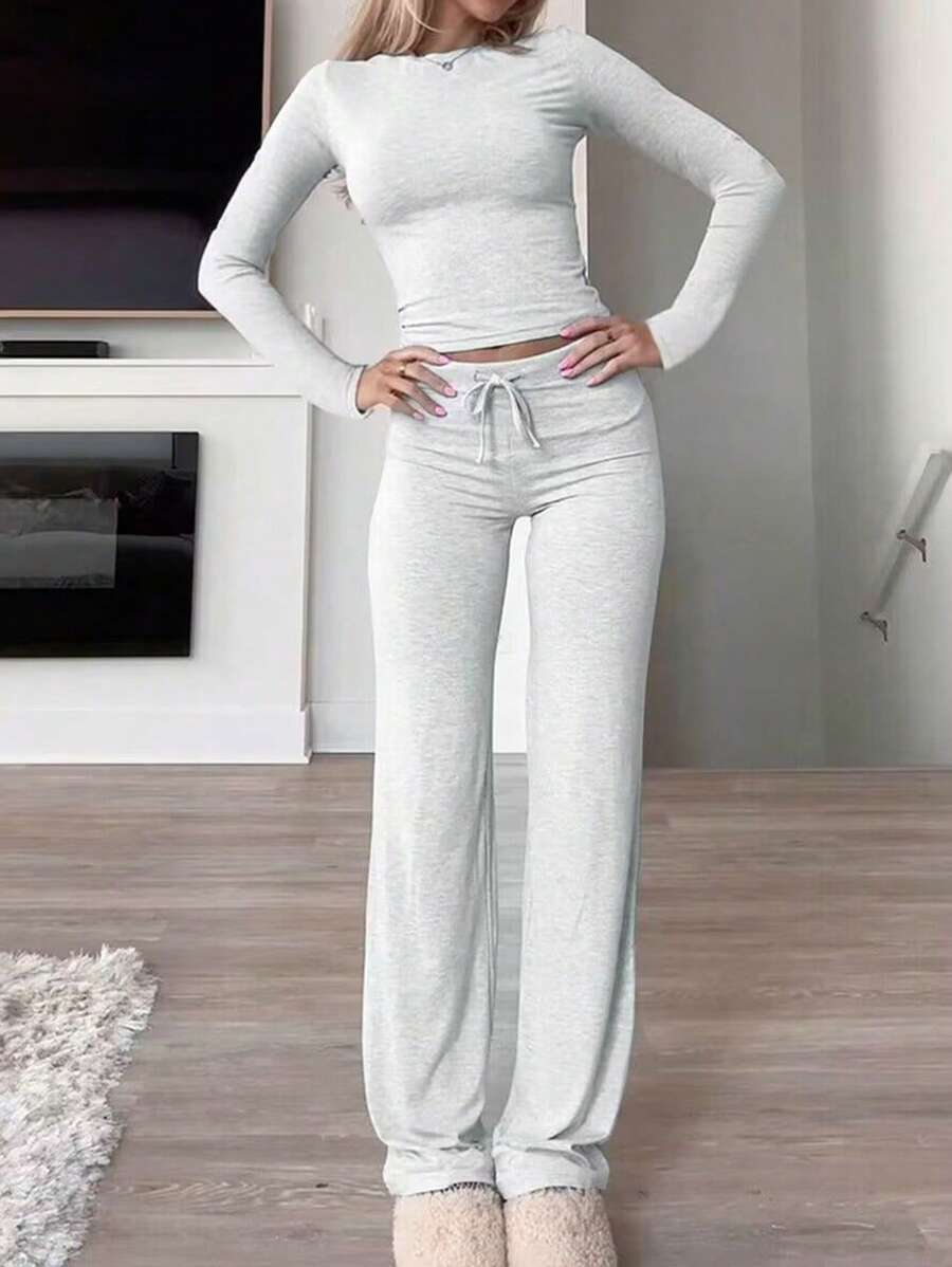 GAOVOT 女士两件套春夏 Y2K 运动休闲家居纯色修身长袖T恤和抽绳长裤套装