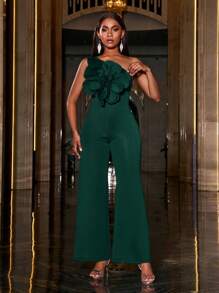 Faeriesty 立体花朵单肩无袖派对连体裤 - 墨綠色 - 查看 1