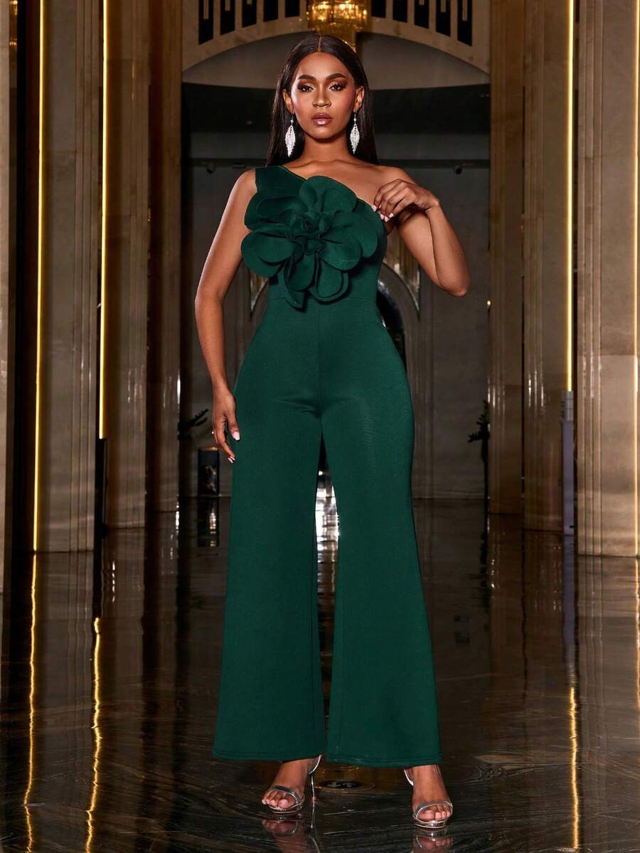 Faeriesty 立体花朵单肩无袖派对连体裤 - 墨綠色 - 查看 1