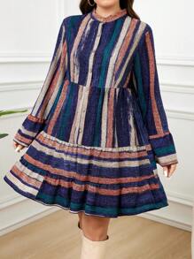 SHEIN LUNE 大码女式拼色条纹印花圆领长袖连衣裙 - 彩色 - 查看 4