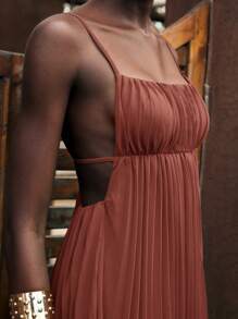 Maija Vestido Vermelho Tijolo Feminino, Roupa de Férias de Verão, Vestido de Praia Sólido Boêmio Moderno de Resort, Vestido Plissado Sem Mangas Minimalista
