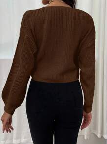 EMERY ROSE V 领抽绳宽松针织毛衣，棕色女式毛衣，长袖上衣