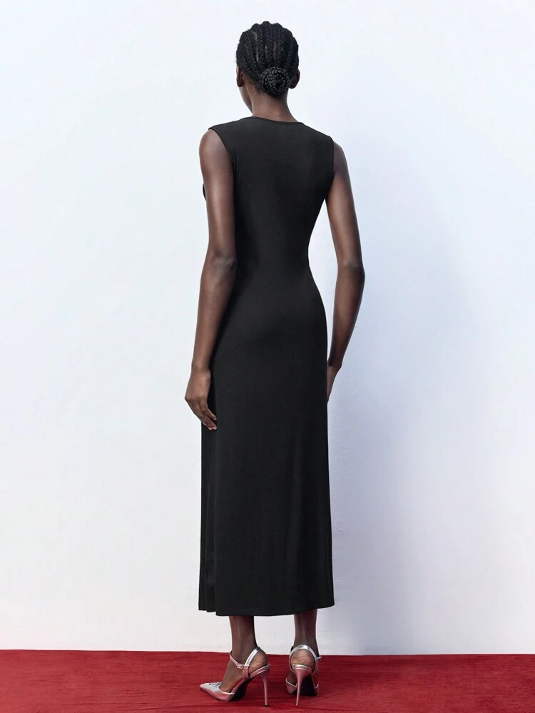 SHEIN Maija Damen schwarzes einfarbiges Kleid mit Rundhalsausschnitt und ärmellos, Herbst