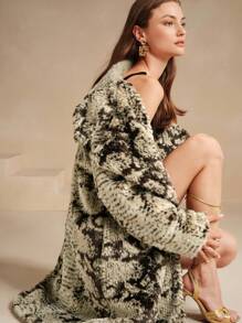 Anewsta 女士时尚蓬松蛇皮纹理长外套，秋冬 - 卡其色 - 查看 1