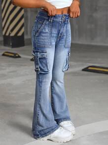 SHEIN Tween Girls Y2K 时尚复古水洗翻盖口袋工装牛仔喇叭牛仔裤，Tween Girls 秋装返校街头服饰