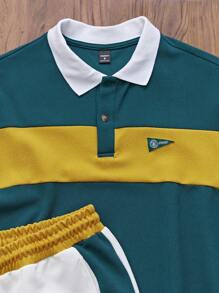 Manfinity RebelGame Men Letter Graphic Colorblock Polo Shirt & Shorts For Summer,Back To School - Multicolor - View 3