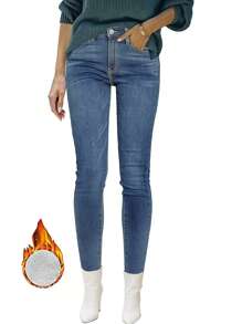 Skinny Cropped Warm Denim Jeans, Winter - Blue - View 5