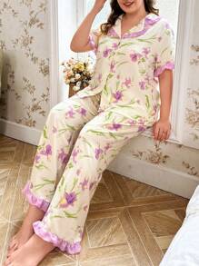 Conjunto de pijama de talla grande con volantes de cuello de gasa de burbujas con estampado floral de contraste de color