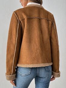 SHEIN LUNE Áo khoác thường ngày dài tay màu trơn cài nút tương phản cho nữ, quần áo mùa thu - Lạc đà - Xem 2