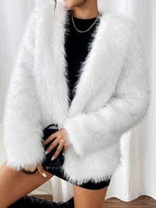 Chiquease Women's Solid Color Fluffy Long Sleeve Jacket - White - View 4