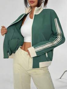 SHEIN Unity Women's Contrast Stripe Stand Collar Long Sleeve Jacket Fall Winter Cloth For Women - Green - View 3