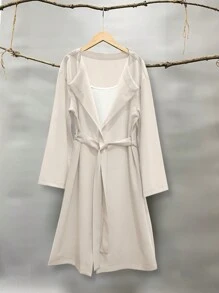 SHEIN LUNE Abrigo largo de manga larga regular de unicolor con cinturón para mujer - Albaricoque - Ver 4