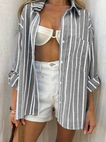 INAWLY Women's Button Front Long Sleeve Striped Casual Loose Fashionable Blouse Women Shirt,Long Sleeve Tops Fall Cloth For Women - Black and White - View 4