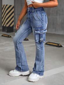 SHEIN Tween Girls Y2K 时尚复古水洗翻盖口袋工装牛仔喇叭牛仔裤，Tween Girls 秋装返校街头服饰