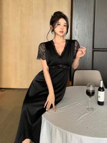 DAZY Lace Patchwork Satin Waist Nightgown Pajama - Black - View 6