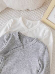 SHEIN Bộ 2 áo thun dài tay màu trơn đơn giản cho bé trai/bé gái sơ sinh màu xám và trắng, mùa thu/đông - Nhiều màu - Xem 8