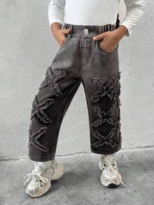 SHEIN Explorewe Young Girl Unique Embroidered Loose & Comfy Black Wide Leg Jeans, For Halloween Party - Black - View 6