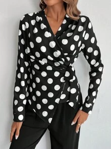SHEIN Privé 女士优雅波尔卡圆点印花系带衬衫，秋季衬衫。适合职场女性的完美衬衫。长袖衬衫。返校节。商务休闲女士，黑白衬衫 - 彩色 - 查看 4