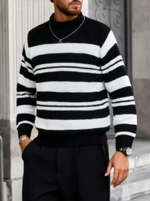 Manfinity Homme Jersey de cuello alto con estampado de rayas blanco y negro