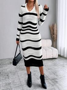 SHEIN LUNE Striped Turndown Collar Sweater Dress For Women - Multicolor - View 1