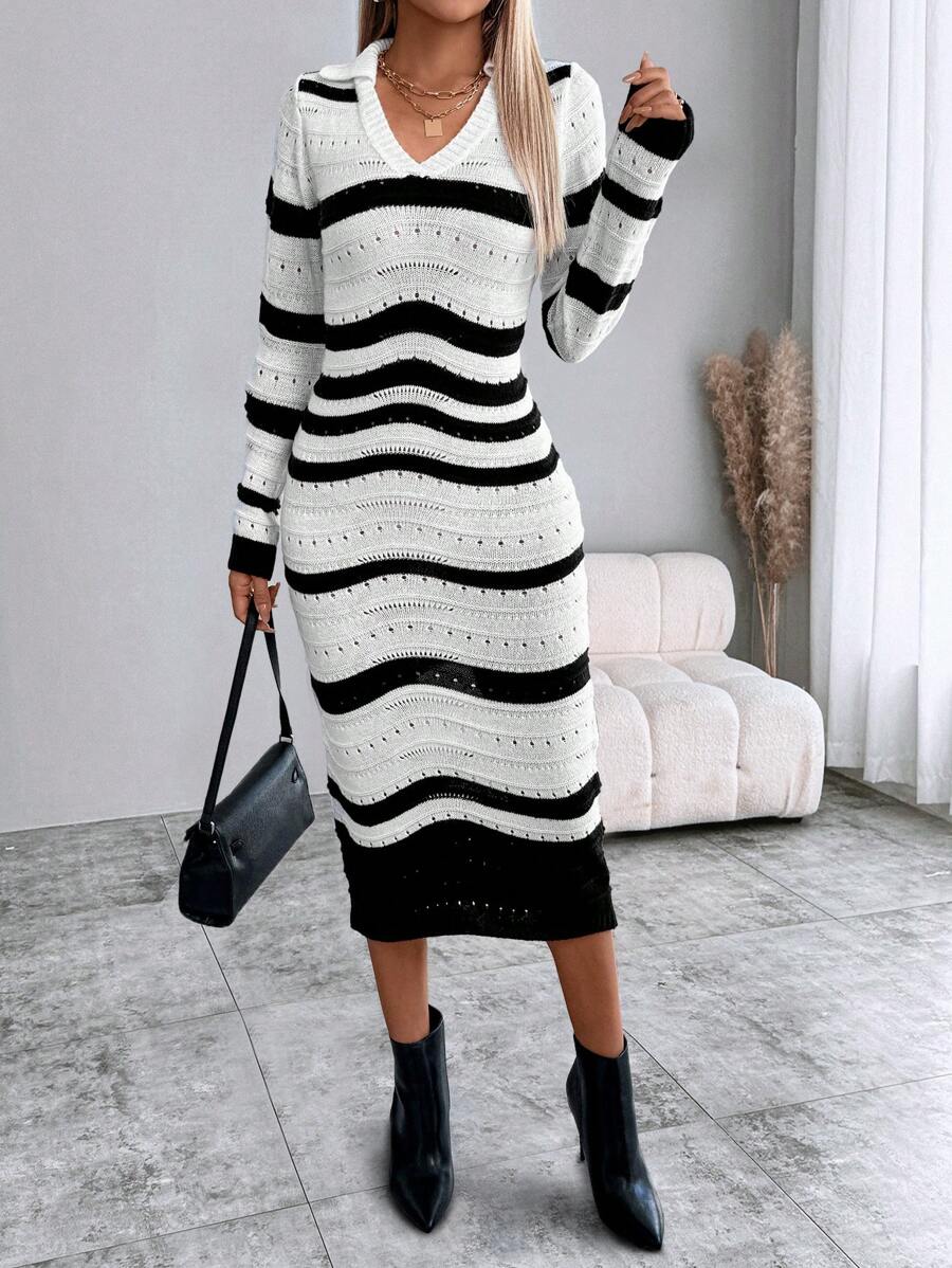 SHEIN LUNE Striped Turndown Collar Sweater Dress For Women - Multicolor - View 1