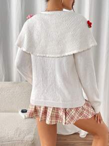 Chiquease Floral Decor Crew Neck Long Sleeve Sweater, Knit Pullover Fall Winter - White - View 2