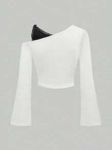 ROMWE Fairycore Asymmetrical Shoulder Vine Star Print Top - White - View 2