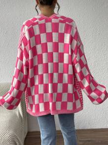 EMERY ROSE Cardigan cu mânecă lungă, cu mânecă lungă, cu imprimeu în carouri, pentru femei - Roz fierbinte - Vizualizare 2