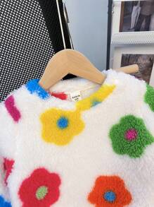 SHEIN 2pcs Set: Teddy Velvet Knit Ditsy Floral Fluffy Round Neck Loose Casual Top & Wide-Leg Loose Casual Pants For Young Girls,Super Soft And Warm,Autumn And Winter,Great For Casual & Daily Wear & School Daily,College Style, Back-To-School,Party