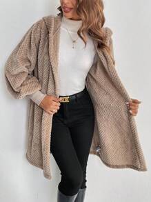 SHEIN Privé 女士新款防风纹理保暖连帽休闲宽松长袖舒适潮流夹克，纯色长袖休闲蓬松夹克 - 卡其色 - 查看 6