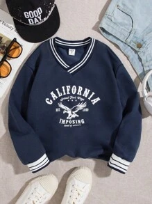 SHEIN Tween Girl 简约字母印花拼色长袖运动衫、休闲装 - 寶藍色 - 查看 3