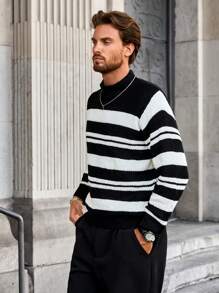 Manfinity Homme Jersey de cuello alto con estampado de rayas blanco y negro