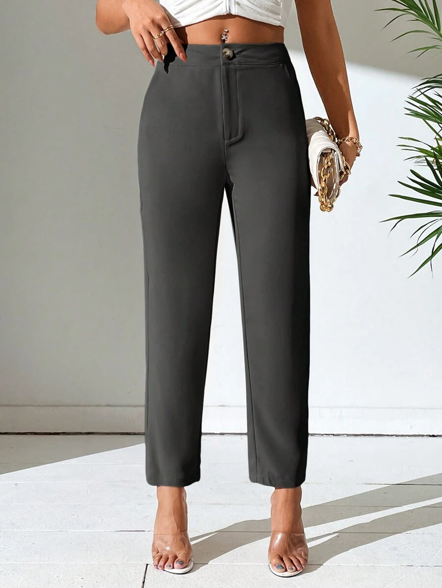 SHEIN PETITE Quần ống côn màu trơn giản dị - Màu xám đen - Xem 1