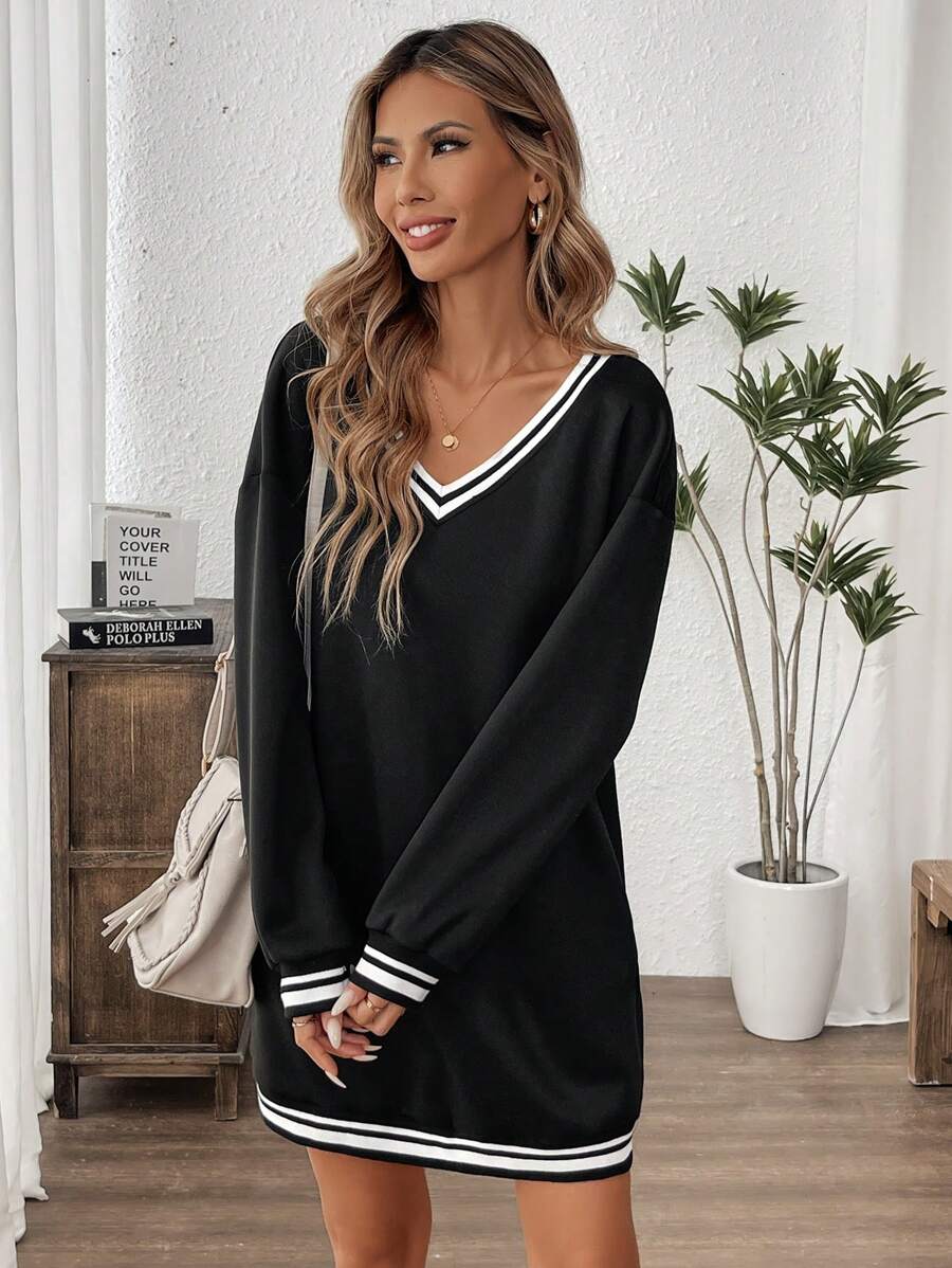 SHEIN LUNE Vestido mini casual de mujer con bloques de color y rayas, primavera/otoño - Blanco y Negro - Ver 1