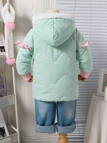 Young Girls Quilted Padded Coat With Ruffled Hooded Design,Color-Blocked Outerwear Paired With Plush Scarf For Cozy Warmth,Autumn/Winter Collection - Green - View 2