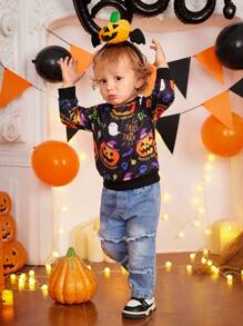Baby Jungen Süßes Langarm Sweatshirt mit Kürbis- und Geistermotiv, geeignet für Foto-Shootings und Partys im Herbst/Winter