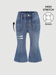 SHEIN Quần ống loe denim dễ thương cho bé gái có cạp chun, túi, quần jeans xanh co giãn cổ điển, quần áo thu đông cho bé gái - Rửa tối - Xem 1