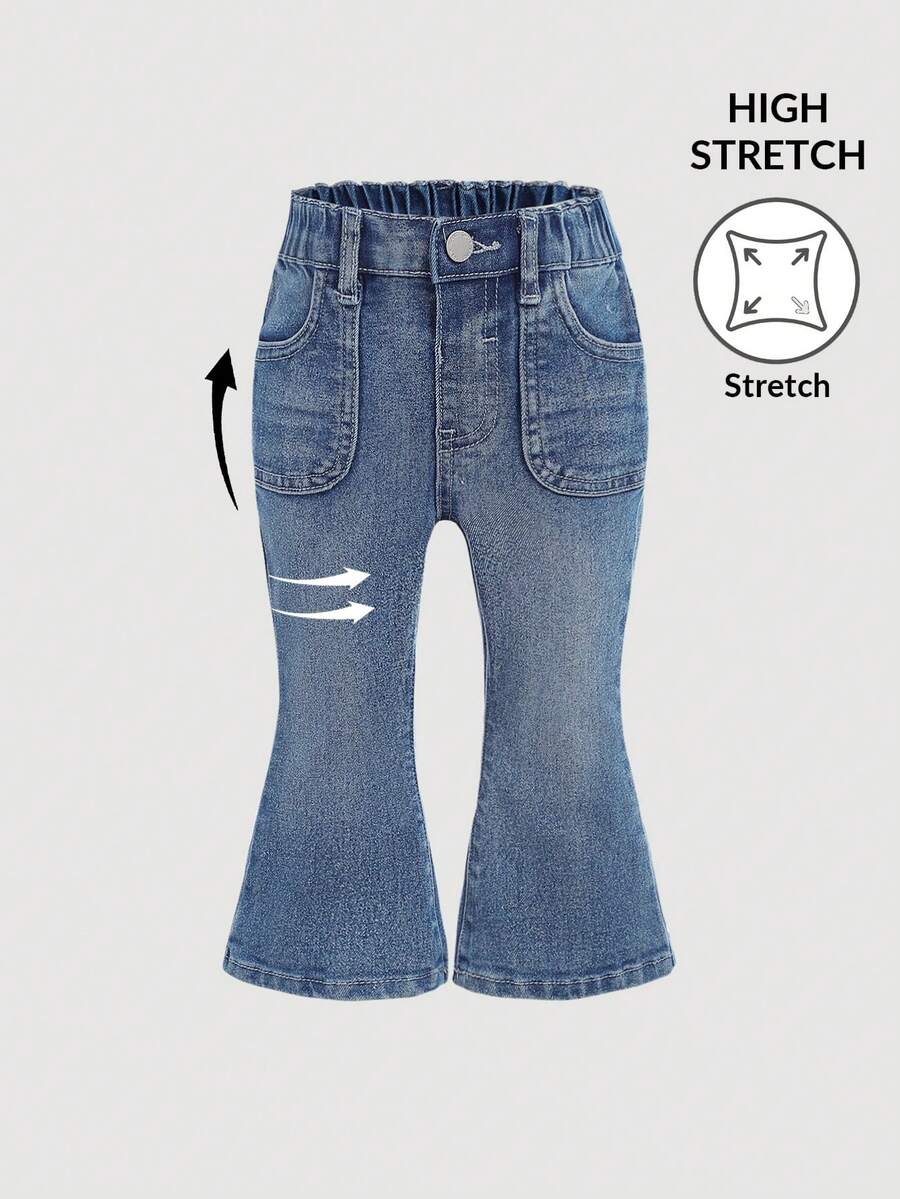 SHEIN Quần ống loe denim dễ thương cho bé gái có cạp chun, túi, quần jeans xanh co giãn cổ điển, quần áo thu đông cho bé gái - Rửa tối - Xem 1