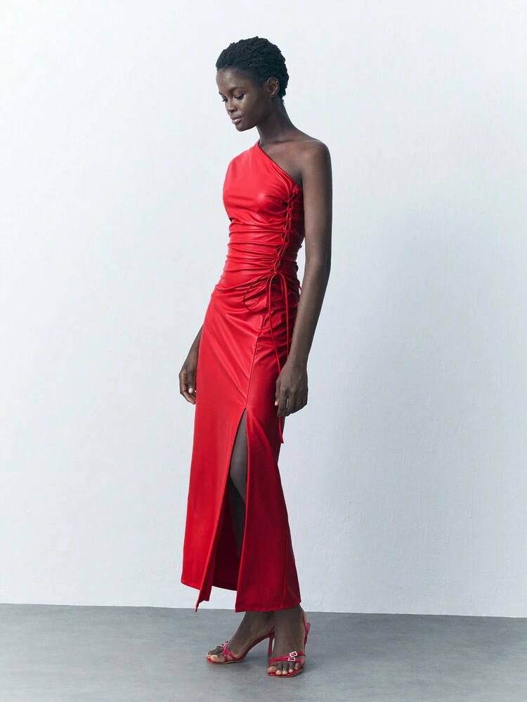 SHEIN Maija Women's Solid Color Asymmetrical Shoulder Tie-Up Slit Dress