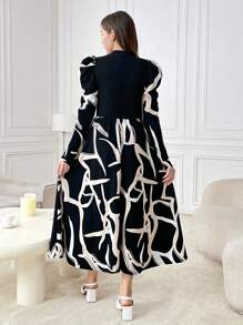 SHEIN Teen Girls Black & White Stand Collar Geometric Pattern Knit High Elastic Gigot Sleeve Elegant Midi Dress For Casual Wear & Party - Black - View 2