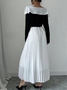 Chiquease Women's Fashion Elegant Frill Collar Black And White Contrast Color Ruffle Hem Dress Fall Cloth For Women - Black and White - View 2