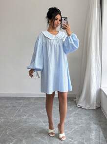 Chiquease Váy búp bê tay đèn lồng thắt nơ cổ Peter Pan kẻ caro mùa thu cho nữ - Màu xanh lam - Xem 3