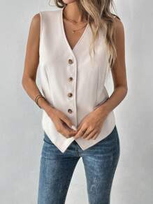 SHEIN Clasi Women's Drawstring Front Button Sleeveless Casual Tank Top - Apricot - View 4