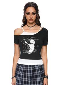 ROMWE Academia Cat Print Vacation Style Color Block Drop Shoulder Women's T-Shirt, School - Black and White - View 6